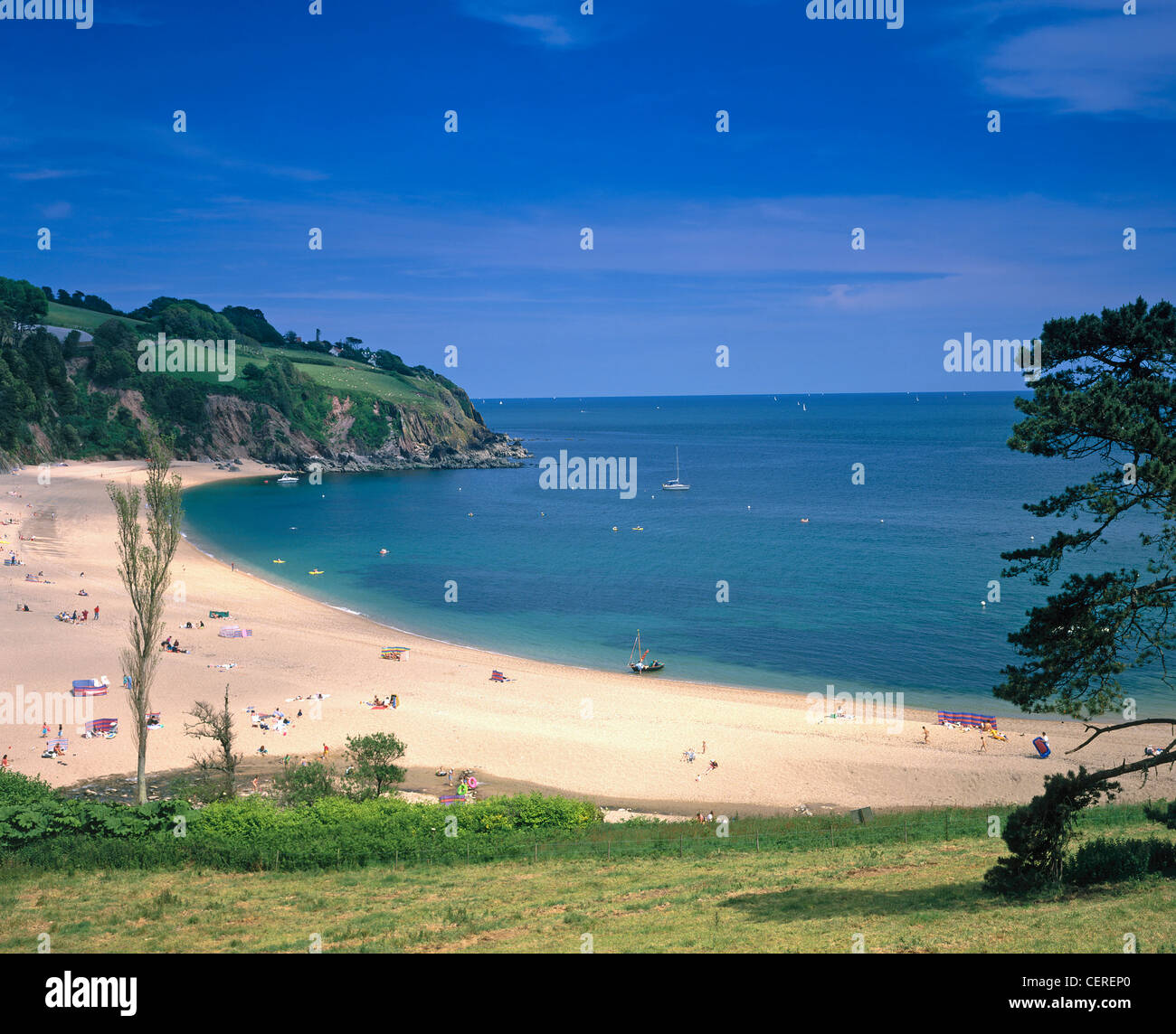 View to the sandy beach at Blackpool Sands. Stock Photo