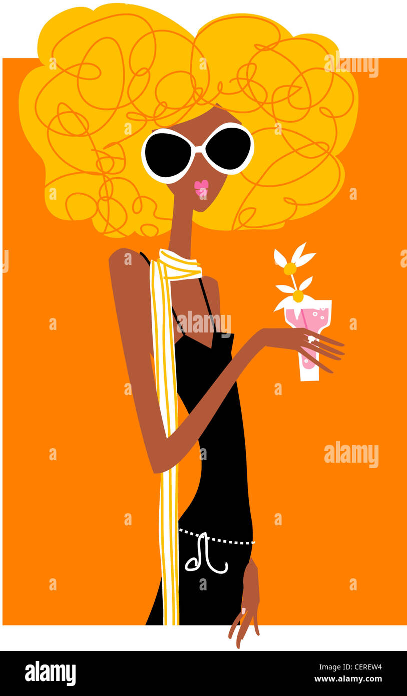 Illustration of Leo star sign Blonde female with big curly hair, wearing sunglasses and holding a drink Stock Photo