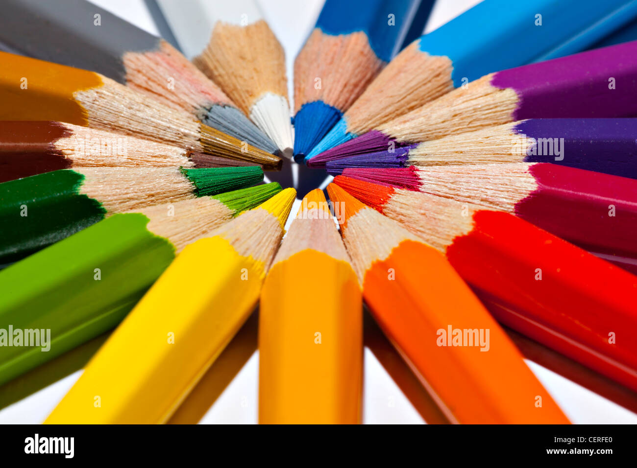 Close-up detail of sharp colourful pencil crayons laid side by