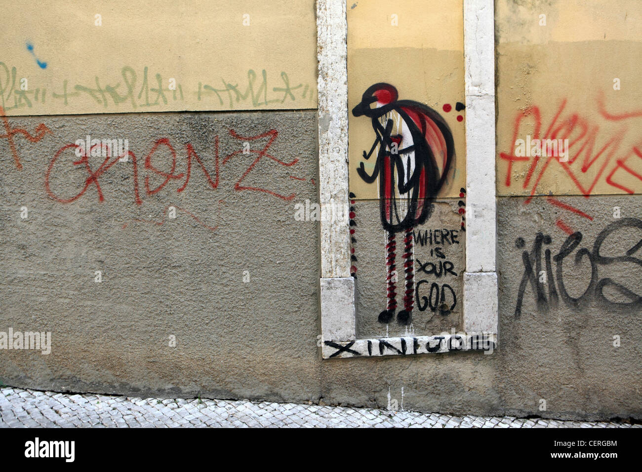 'where is your god', graffiti, central Lisbon, Portugal Stock Photo