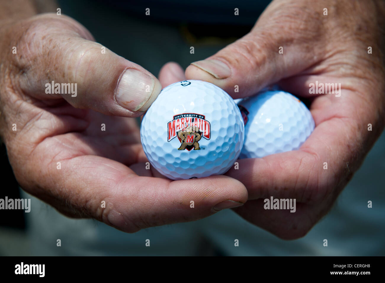 Hands holding a golfball with university logo Stock Photo