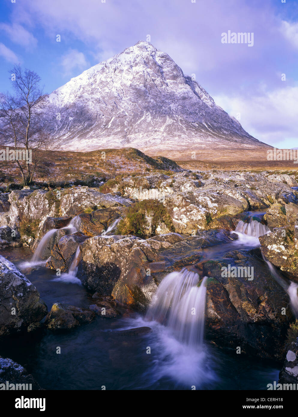 Water running over rocks at Buchaille Etive Mor. Stock Photo