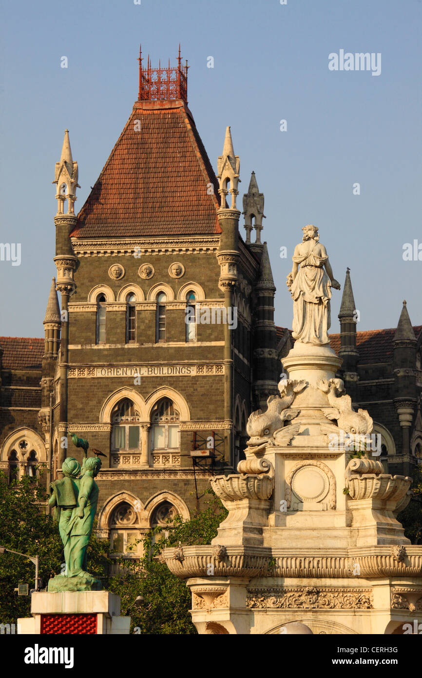 India, Maharashtra, Mumbai, Oriental Buildings, Flora Fountain, Stock Photo