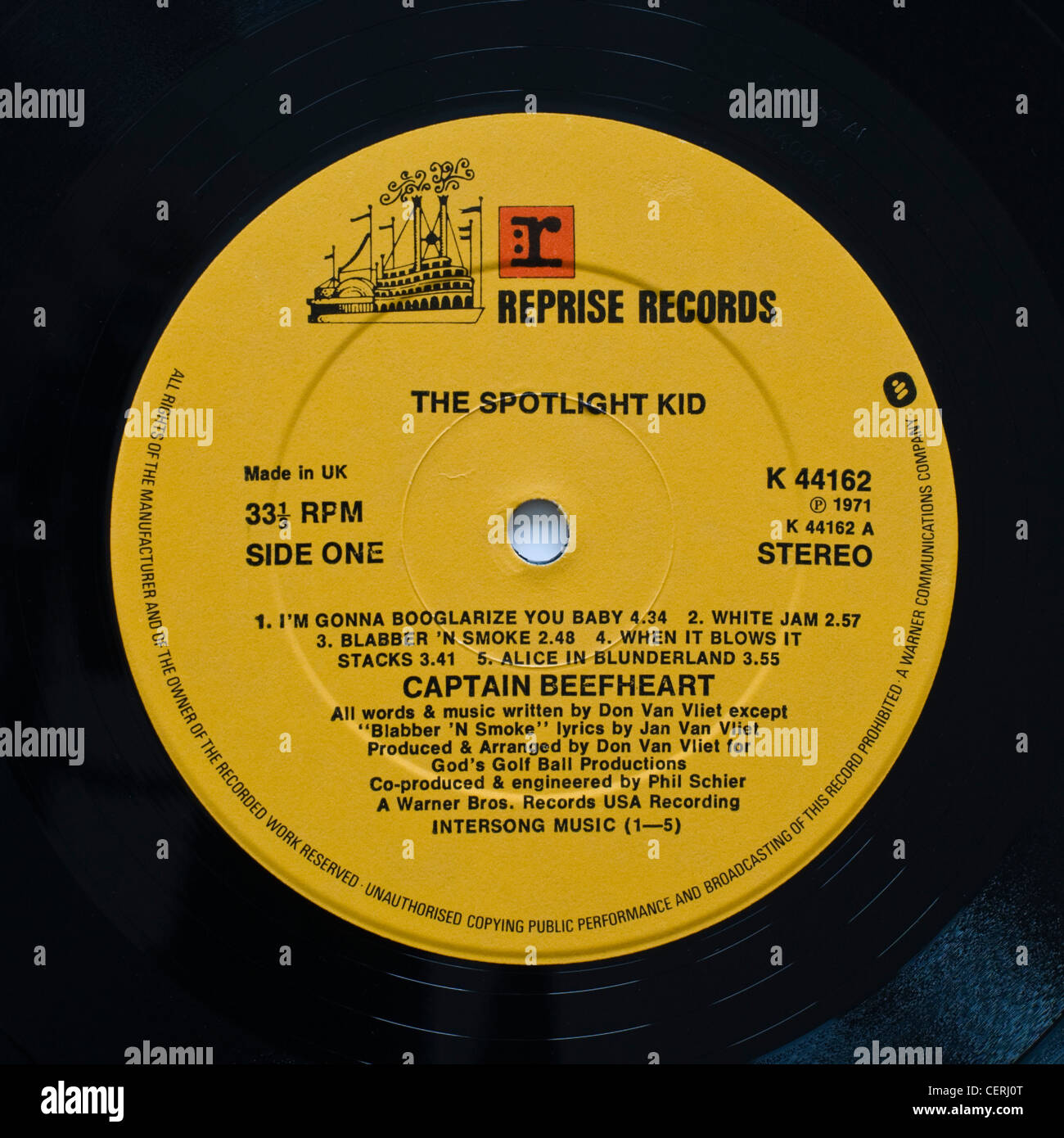 Label of original vinyl record album The Spotlight Kid by Captain Beefheart  released 1971 on Reprise Records Stock Photo - Alamy