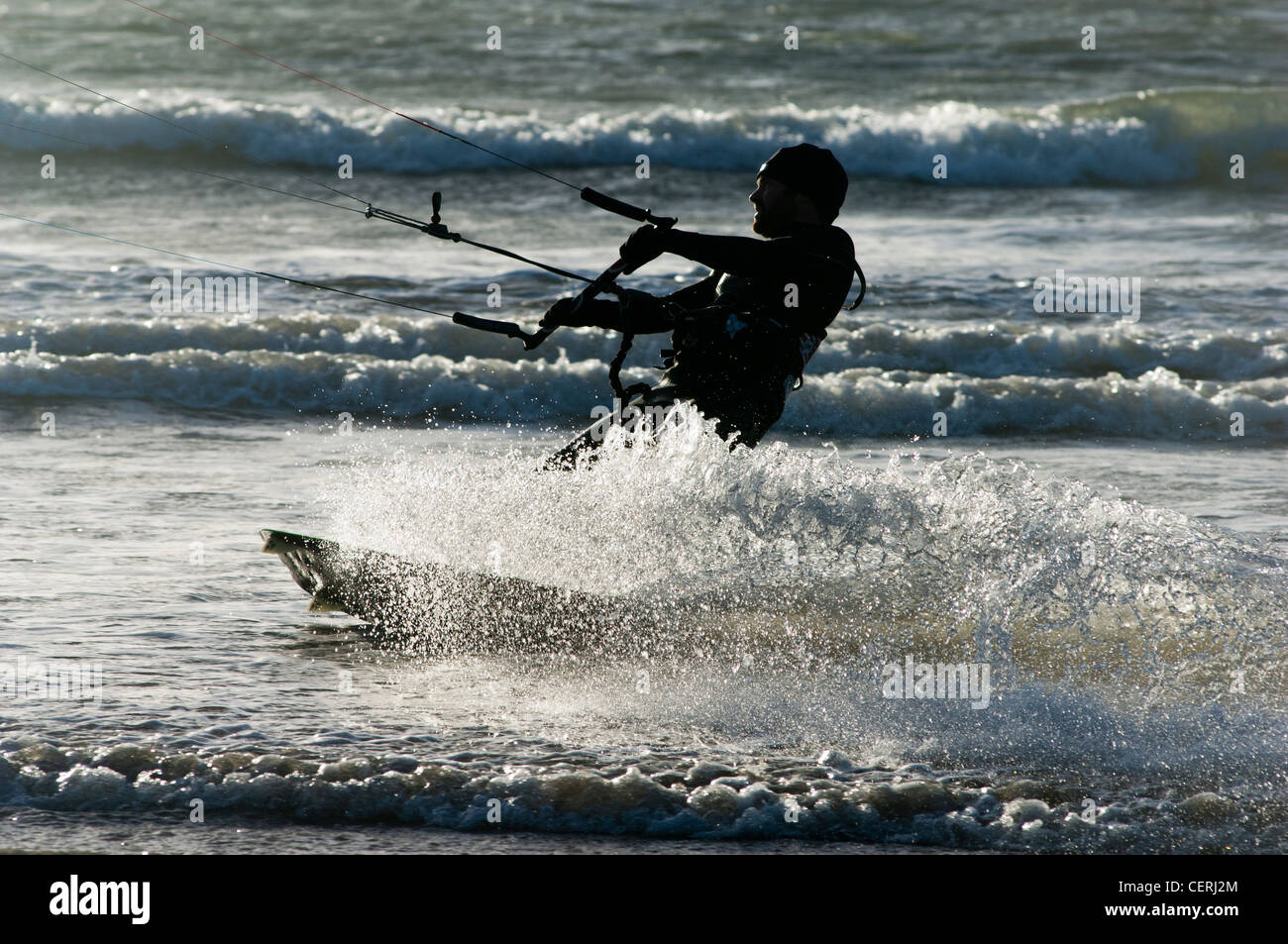Kite surfer in the sea at Marazion, Cornwall in front of St Michael's Mount Stock Photo