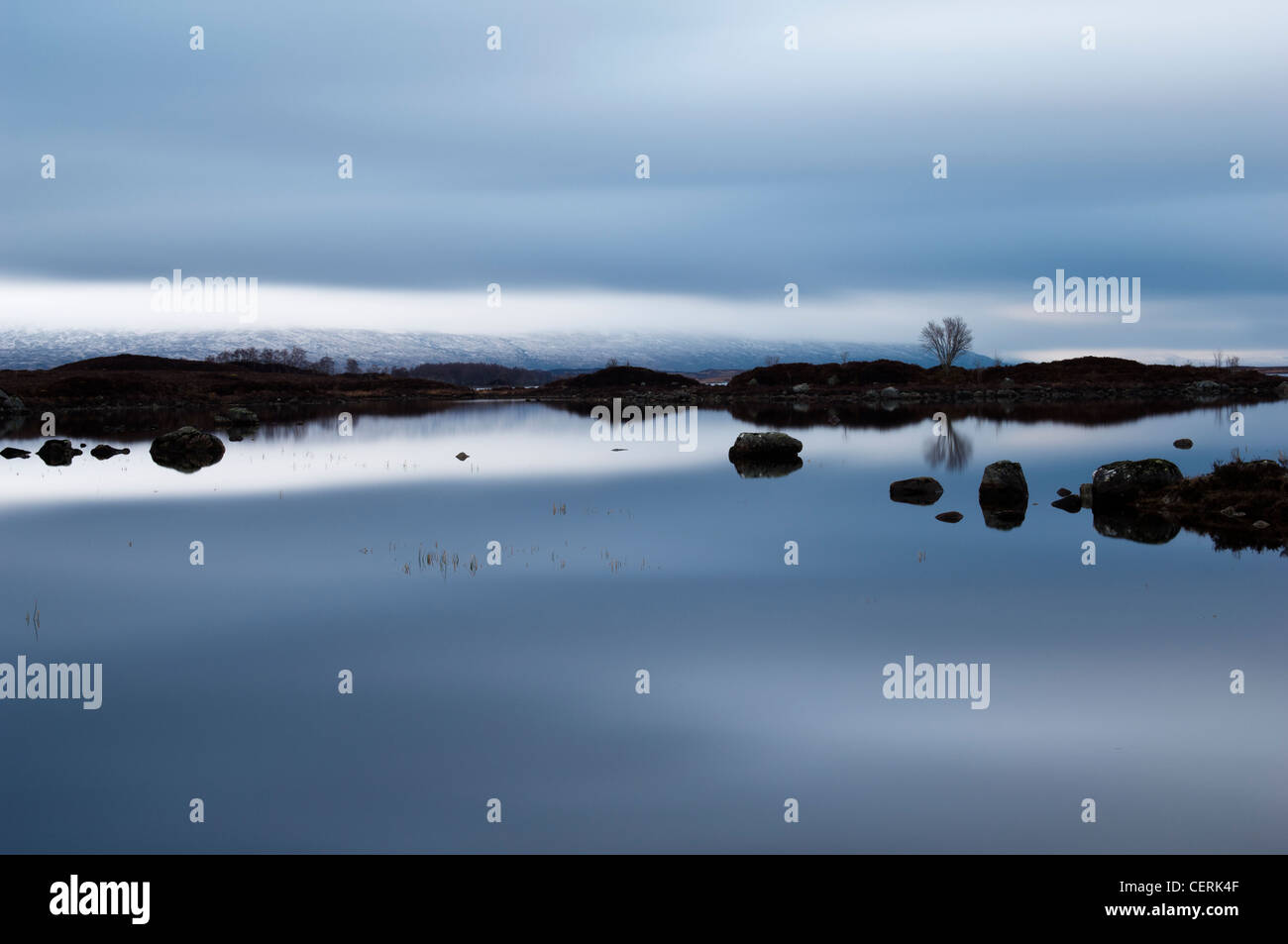 Calm still waters on Rannoch Moor Scotland before dawn Stock Photo