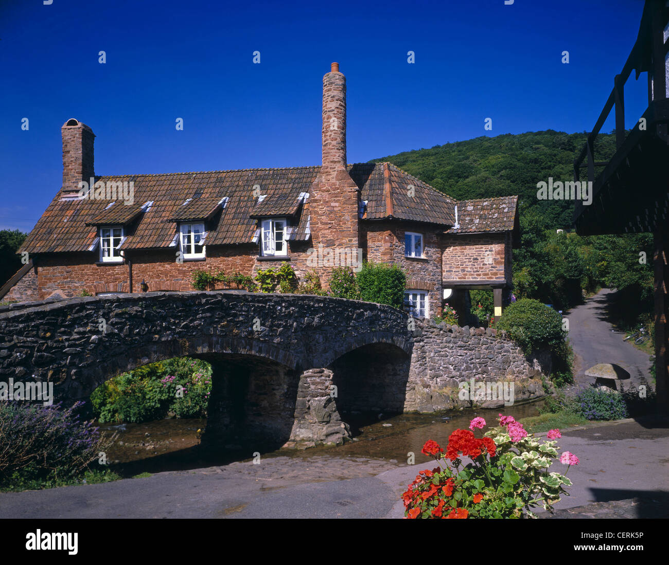 The pack horse bridge at Allerford Stock Photo Alamy