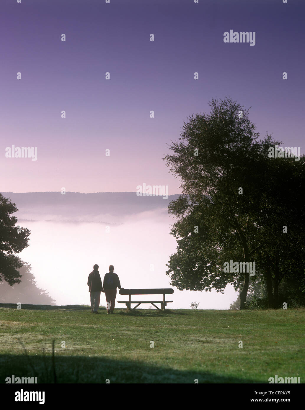 Couple stand by a bench on a misty October morning at Newlands Corner. Stock Photo