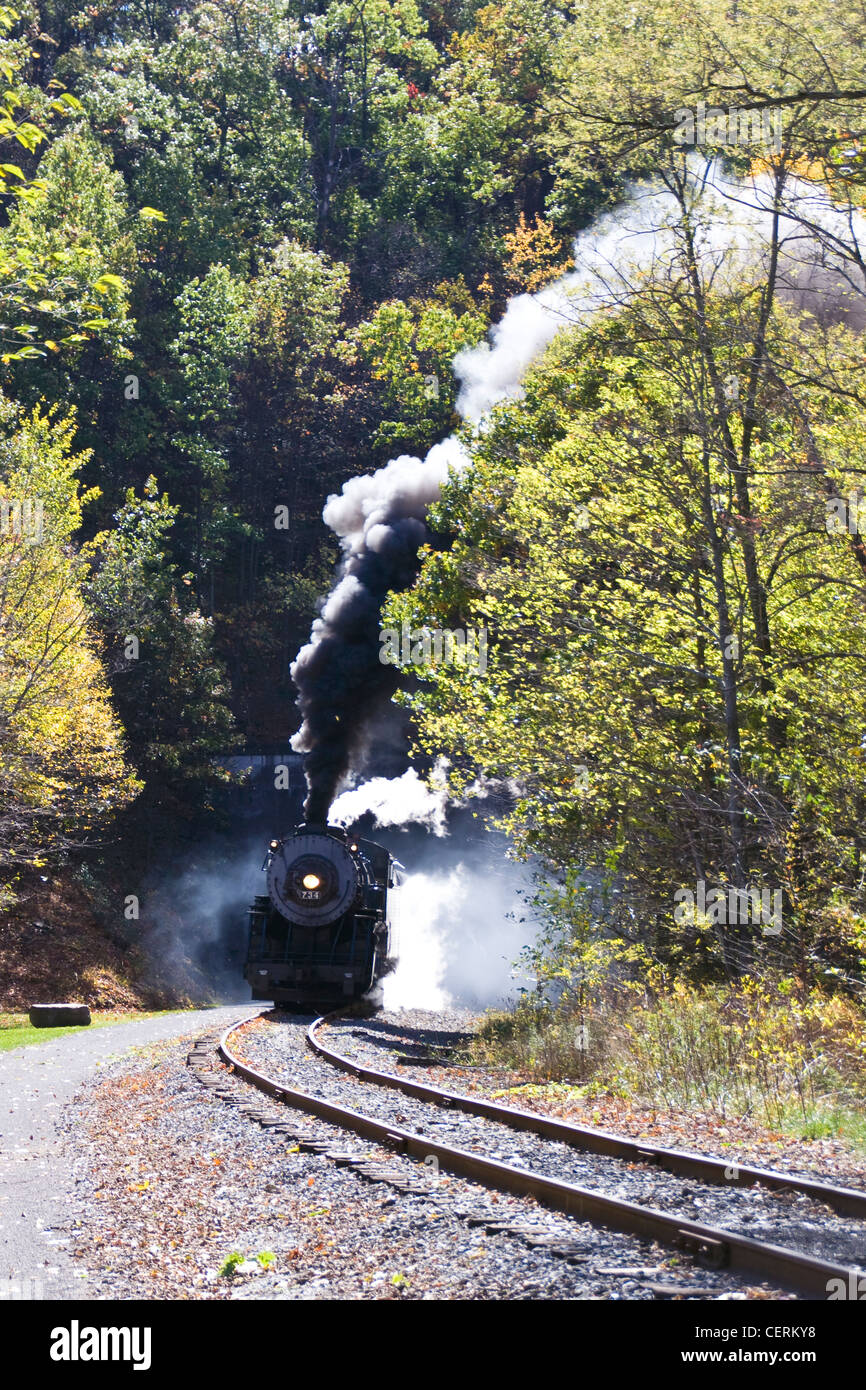 Western Maryland Scenic Railroad 'Mountain Thunder' steam powered locomotive going from Cumberland Depot to Frostburg Depot MD. Stock Photo