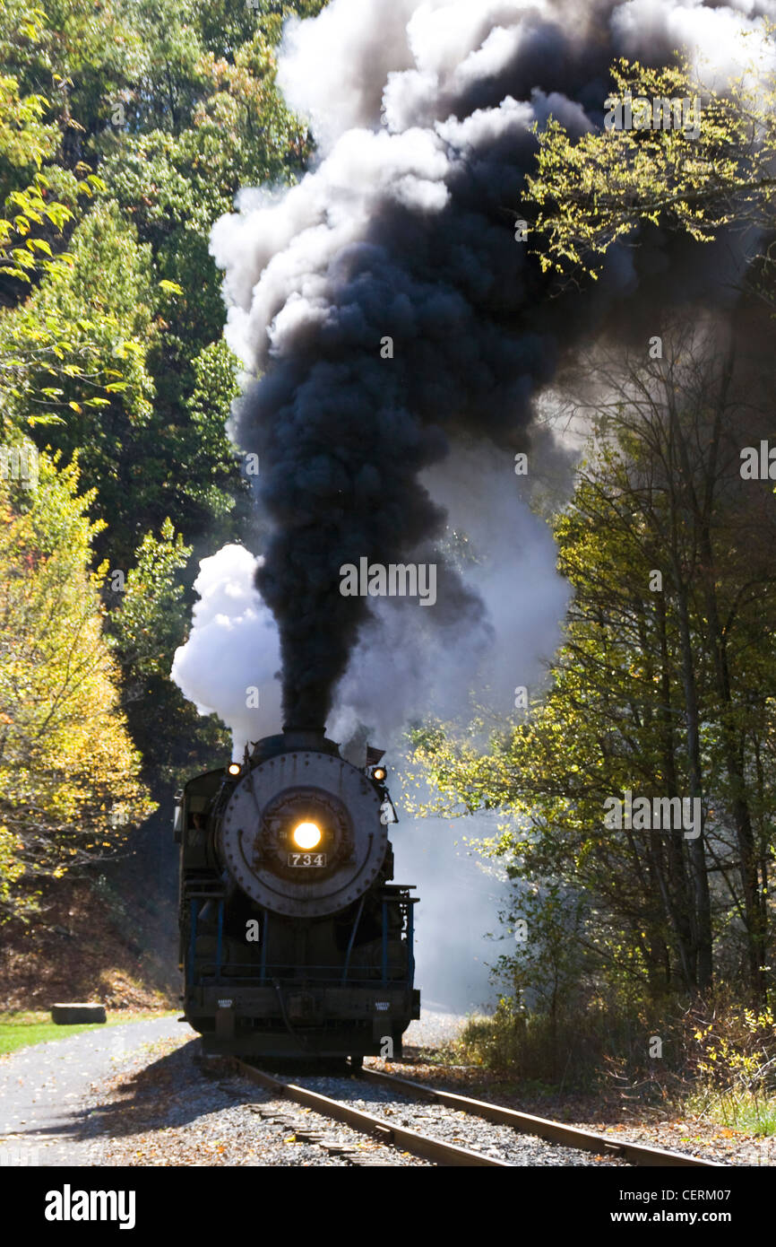 Western Maryland Scenic Railroad 'Mountain Thunder' steam powered locomotive going from Cumberland Depot to Frostburg Depot MD. Stock Photo