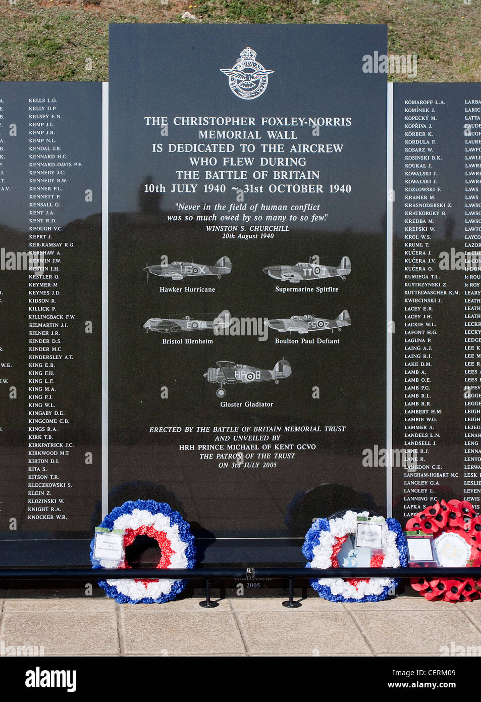 Battle of Britain Memorial Capel le Ferne UK. Christopher Foxley-Norris Memorial Wall lists the names of those who took  part. Stock Photo