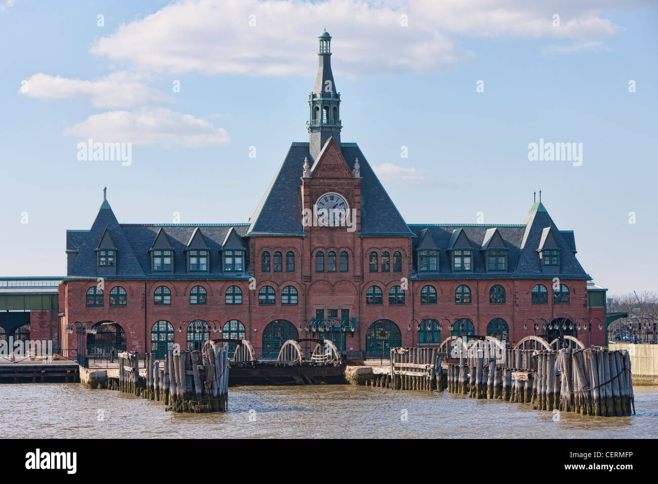 Central Railroad of New Jersey (CRRNJ) Terminal, including the old ferry slips, in Liberty State Park, Jersey City, New Jersey Stock Photo