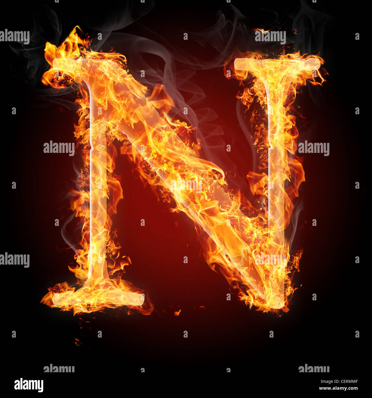 Letter N in fire. For more words, fonts and symbols see my portfolio. Stock Photo