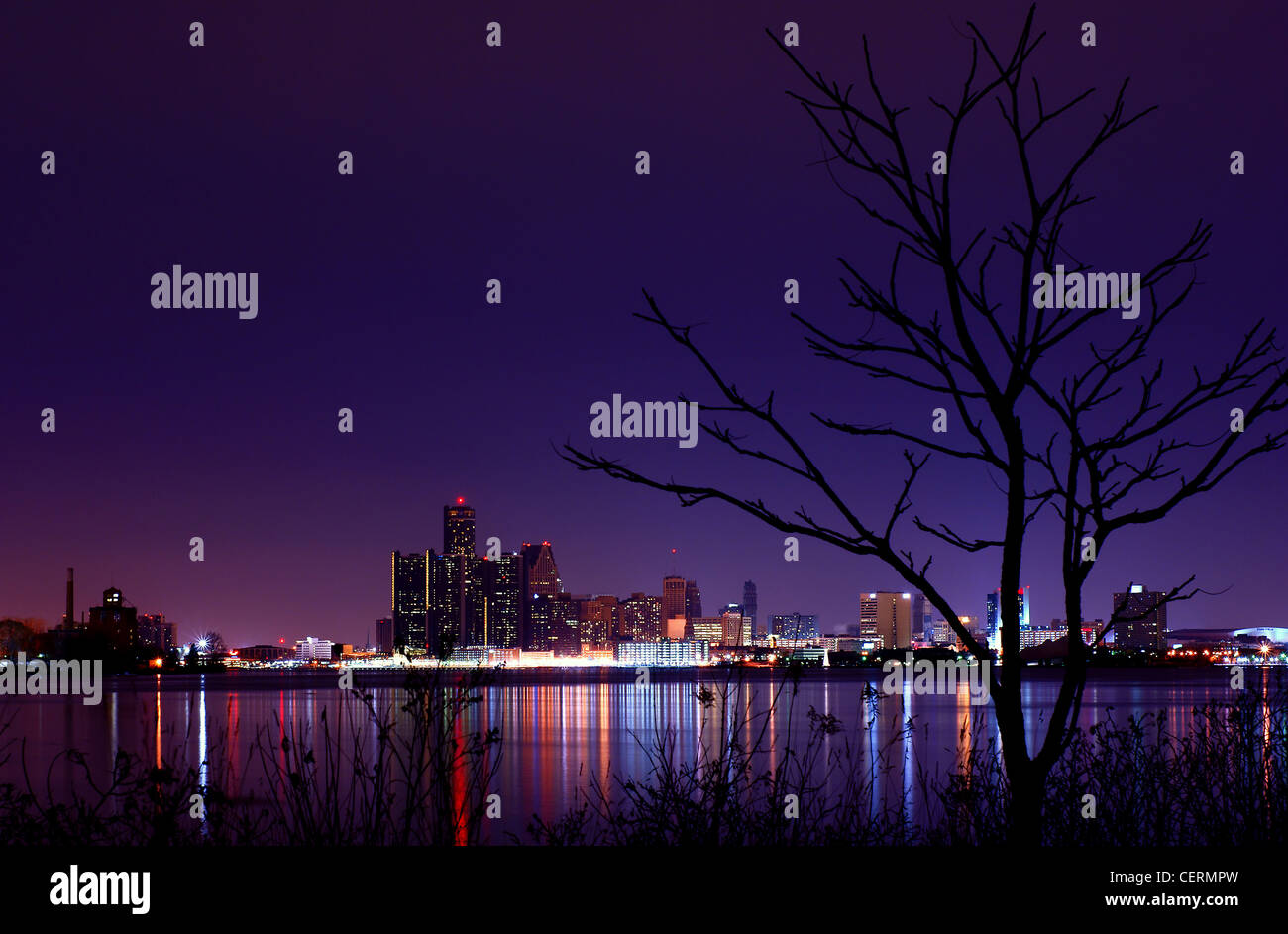 The Detroit Skyline at night from Windsor, Ontario Stock Photo