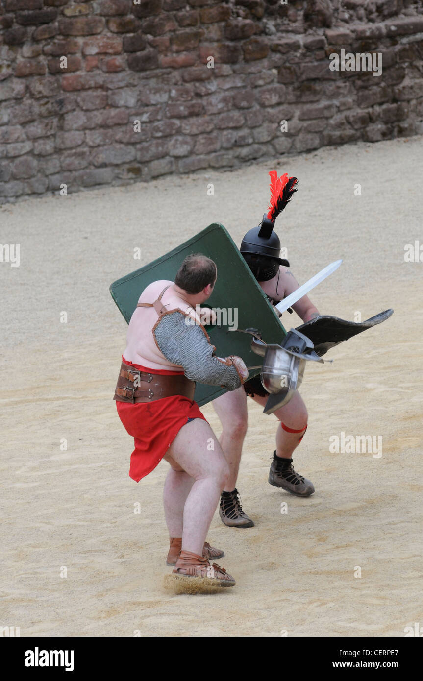 Gladiators in Chester as part of the Chestival Roman Festival. Displays of weapons, armour and ancient military might at the amp Stock Photo