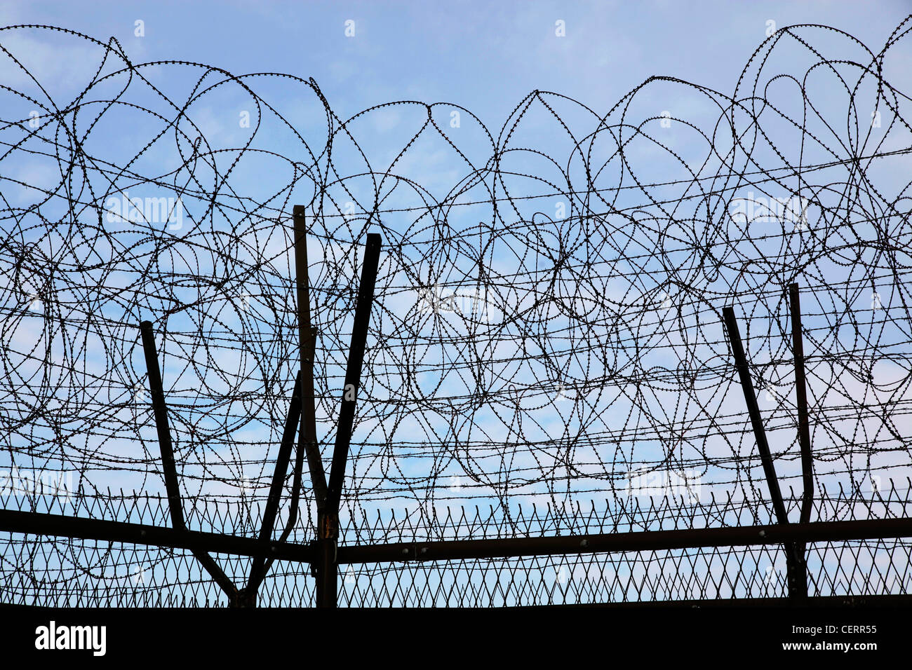 Barbed wire fence and South Korean flag at the DMZ, De-militarised Zone ...
