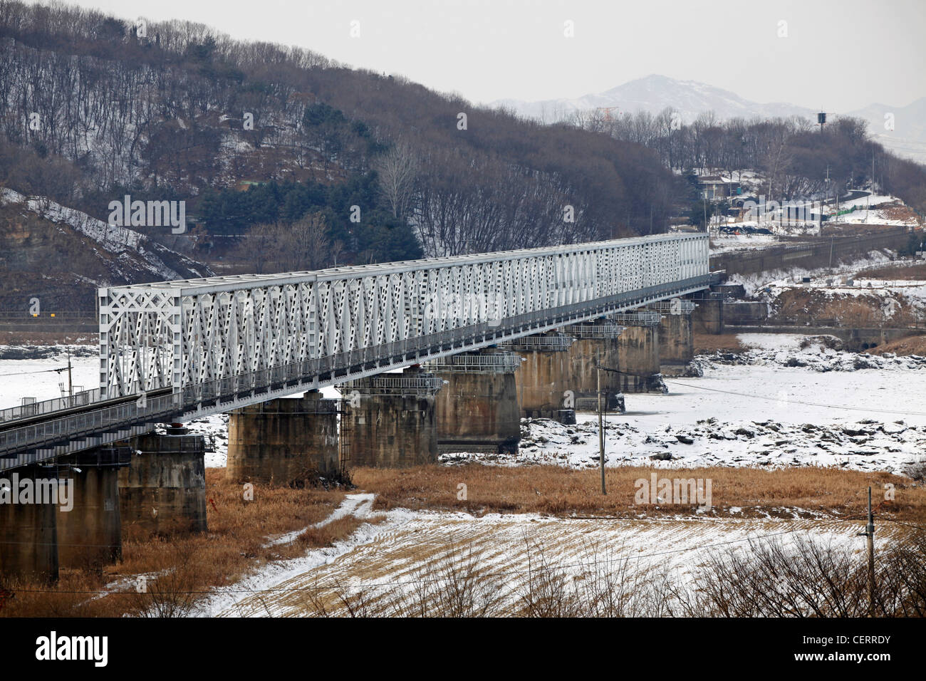 Looking north towards the bridge to North Korea at the DMZ, De-militarised Zone on the South North Korean border at Imjingak Stock Photo