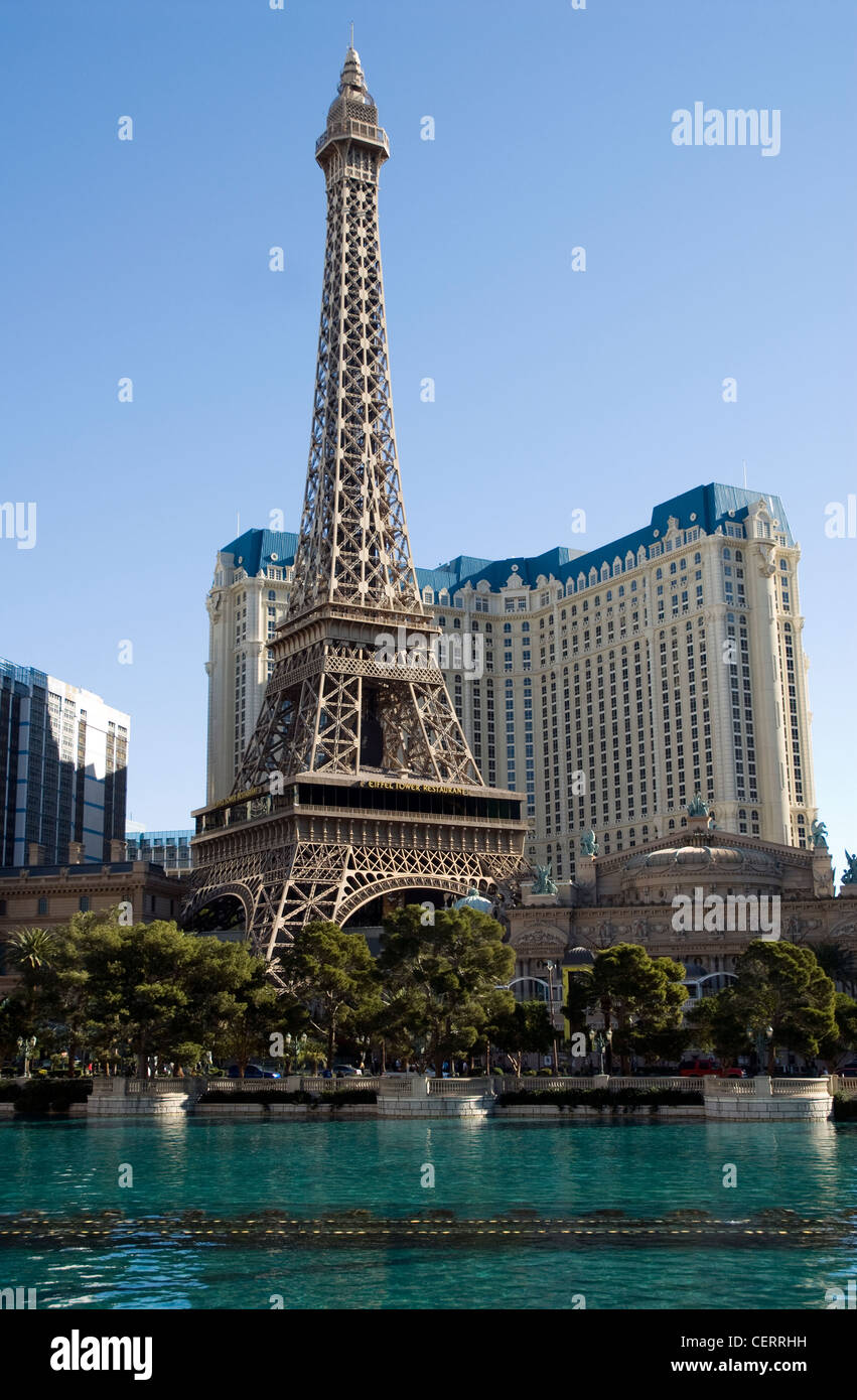 View of the replica Eiffel Tower and the Paris Hotel and Casino in background Las Vegas, Nevada Stock Photo