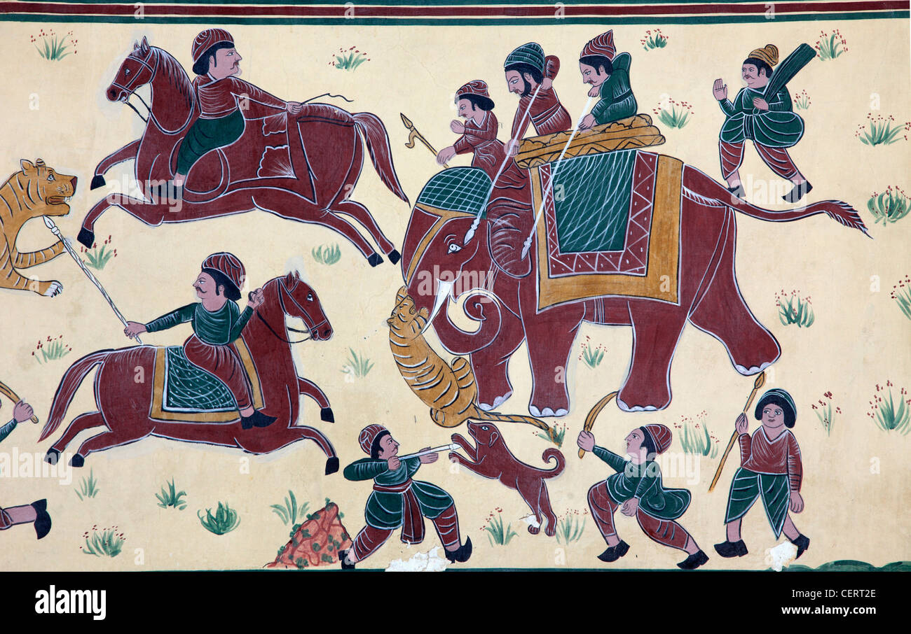 India, Rajasthan, Jaipur, Sisodia Rani Palace, murals, wall paintings