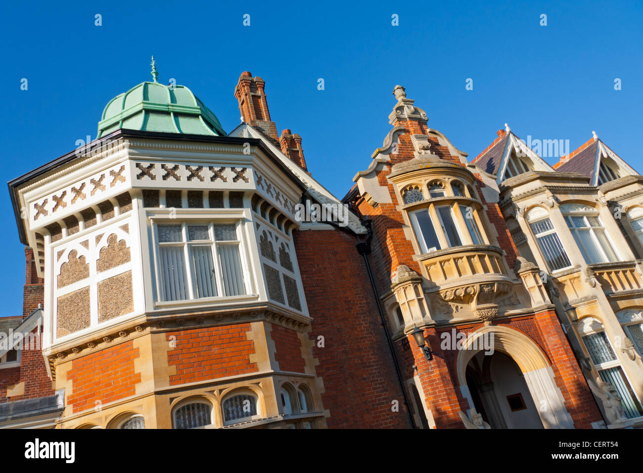 The facade of Bletchley Park Mansion in Buckinghamshire, England. The home of British code breakers during World War Two. Stock Photo