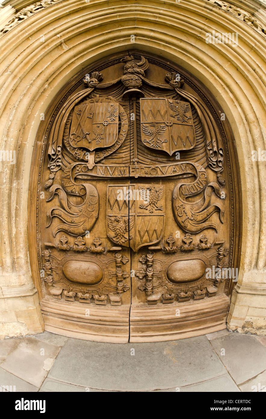 The Great West door of Bath Abbey carved with the Montague heraldic ...
