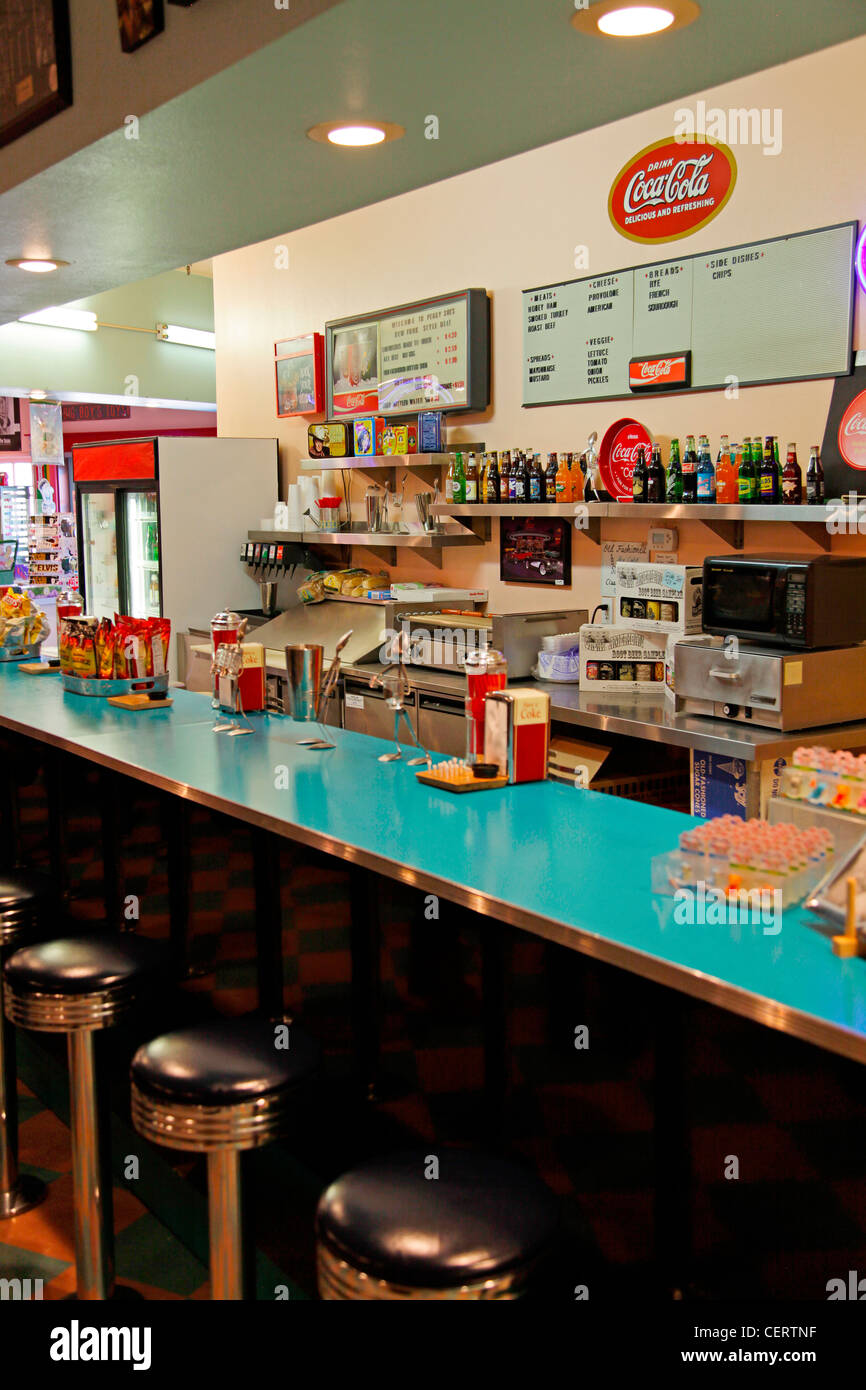 INTERIOR OF VINTAGE AMERICAN DINER ON ROUTE 66,USA Stock Photo