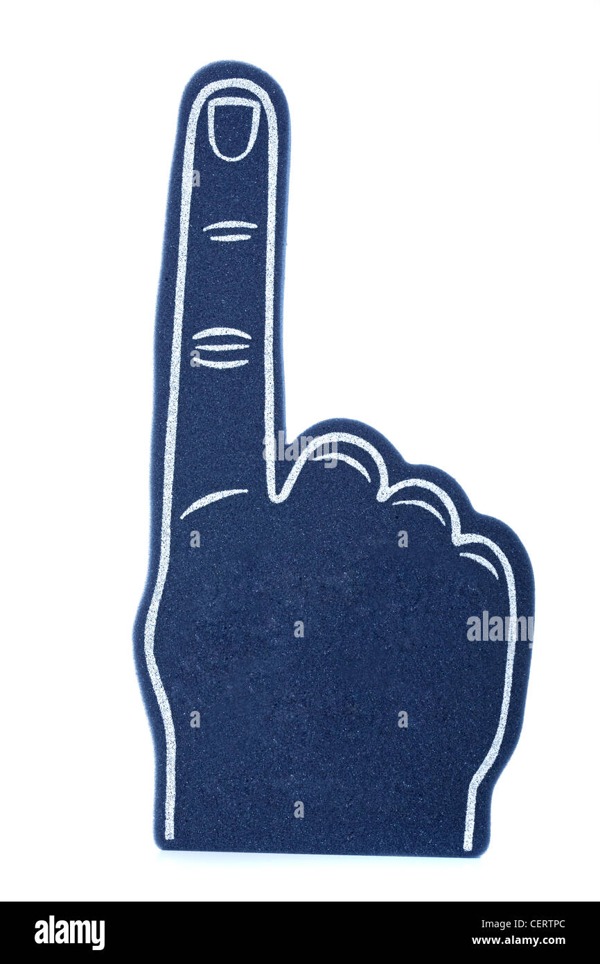 A blue foam finger pointing up on a white background Stock Photo Alamy