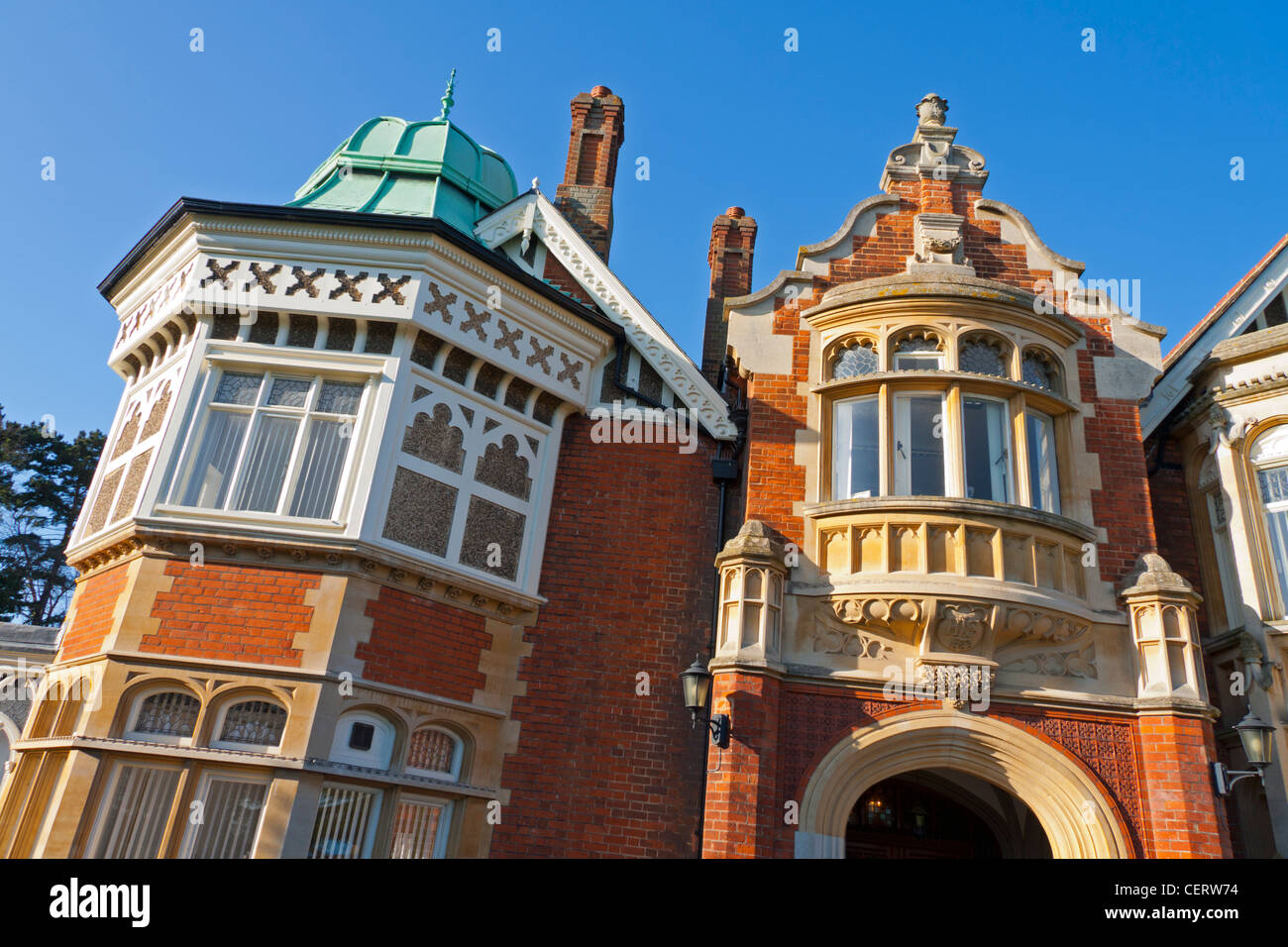 The facade of Bletchley Park Mansion in Buckinghamshire, England. The home of British code breakers during World War Two. Stock Photo