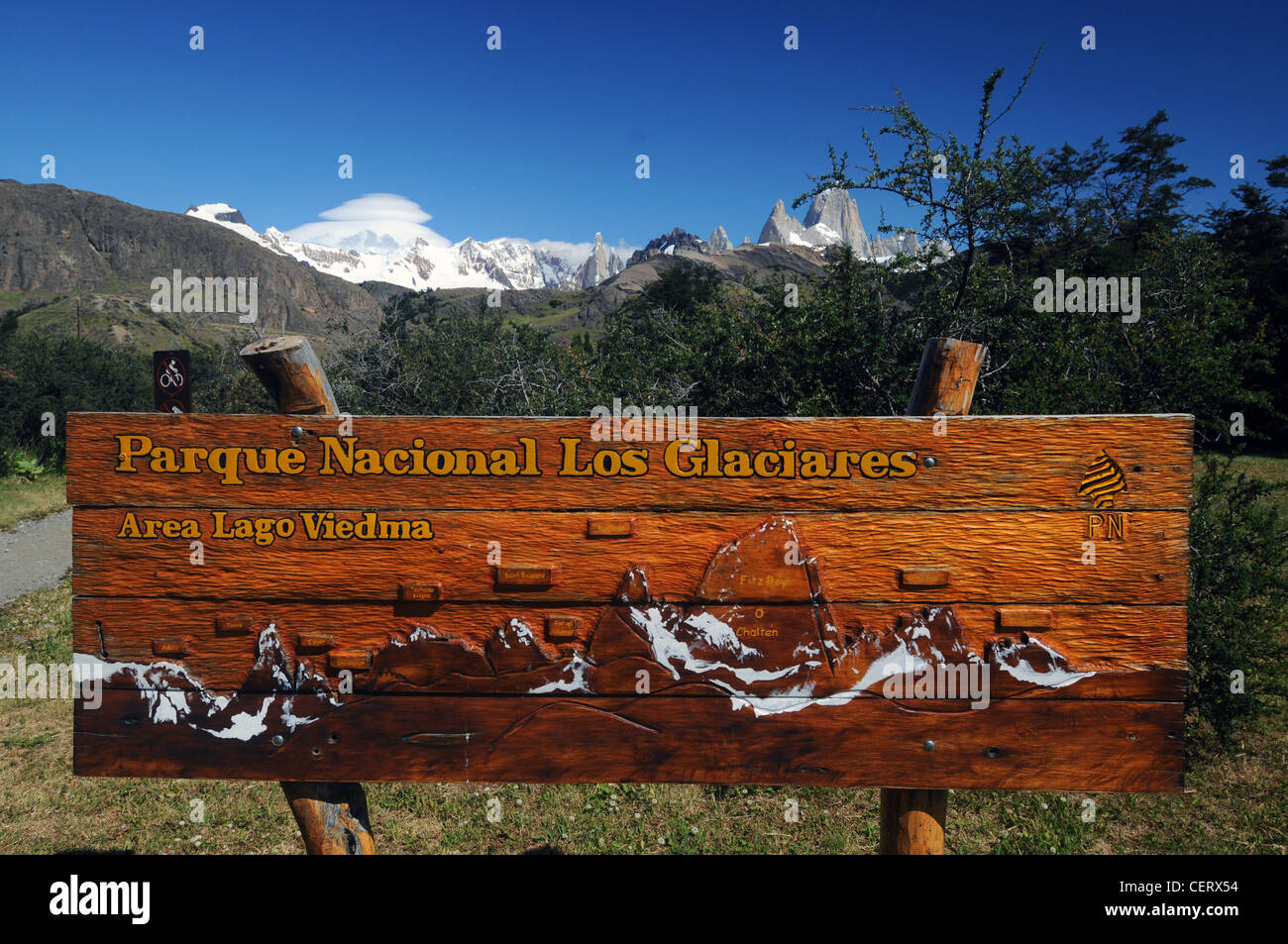 Sign naming peaks, Los Glaciares National Park, Patagonia, Argentina. No PR Stock Photo