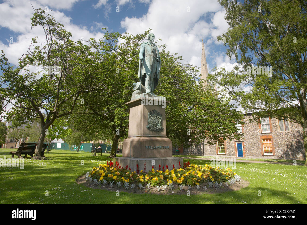 A statue of the Duke of Wellington in the grounds of Norwich Cathedral. Stock Photo