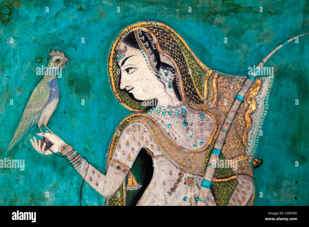 India, Rajasthan, Bundi, Chitrasala, Palace, murals, wall paintings, miniature style, Stock Photo