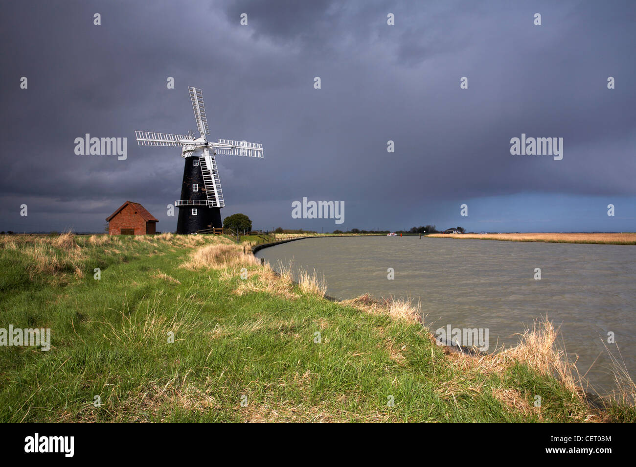Berney Arms Windmill during a storm on the Norfolk Broads National Park. Stock Photo