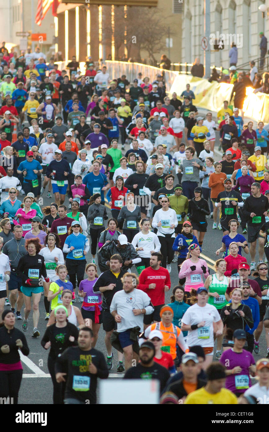 More than 18,000 runners pounded the streets of downtown Austin Texas during marathon race Stock Photo