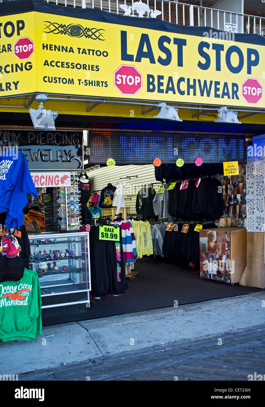 Last Stop Beachwear storefront on the boardwalk of Ocean City Maryland. Stock Photo