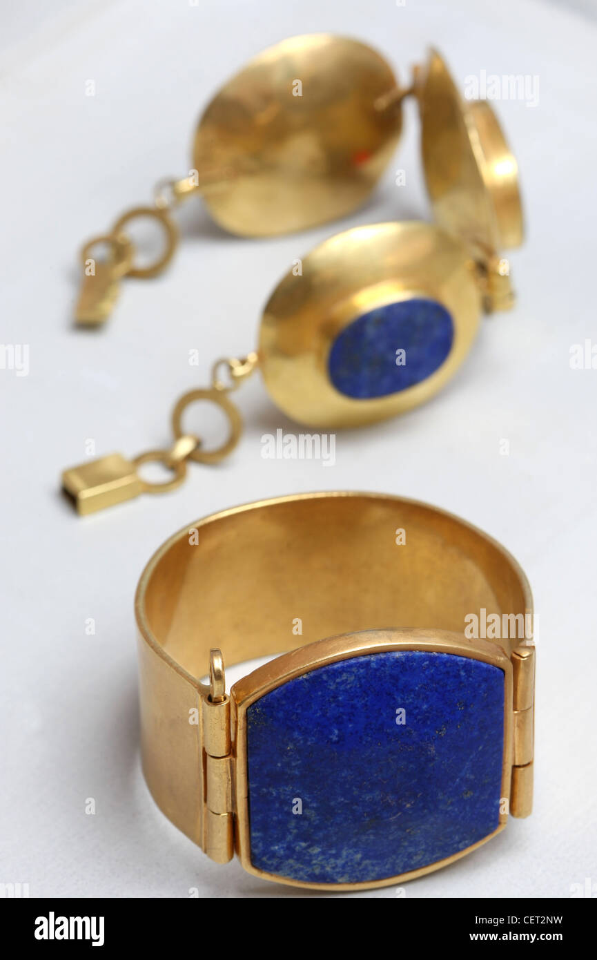Detail image of big Lapis cuff and Lapis bracelet each from the
