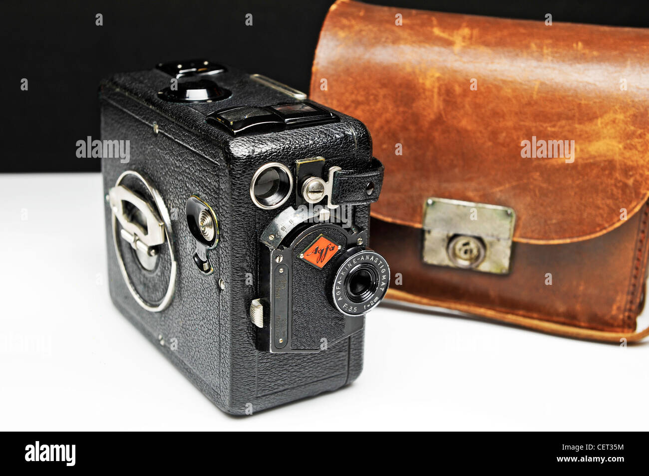 Vintage Agfa 8mm wind up box style movie camera with leather case. Stock Photo