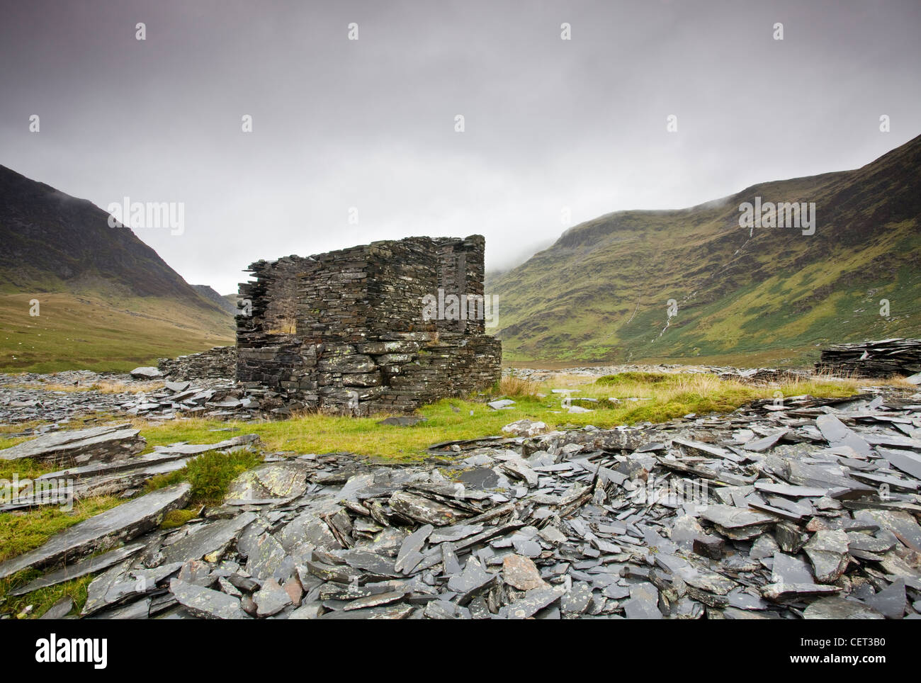 The remains of the abandoned Llyn Cwmorthin Slate Mine high above