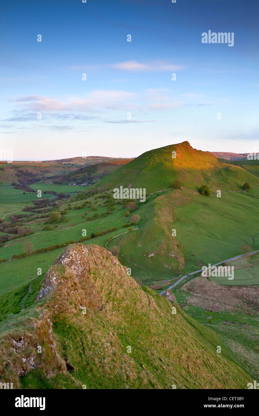 Parkhouse (the Dragons Back) and Chrome Hill at first light in the White Peak area of the Peak District National Park. Stock Photo