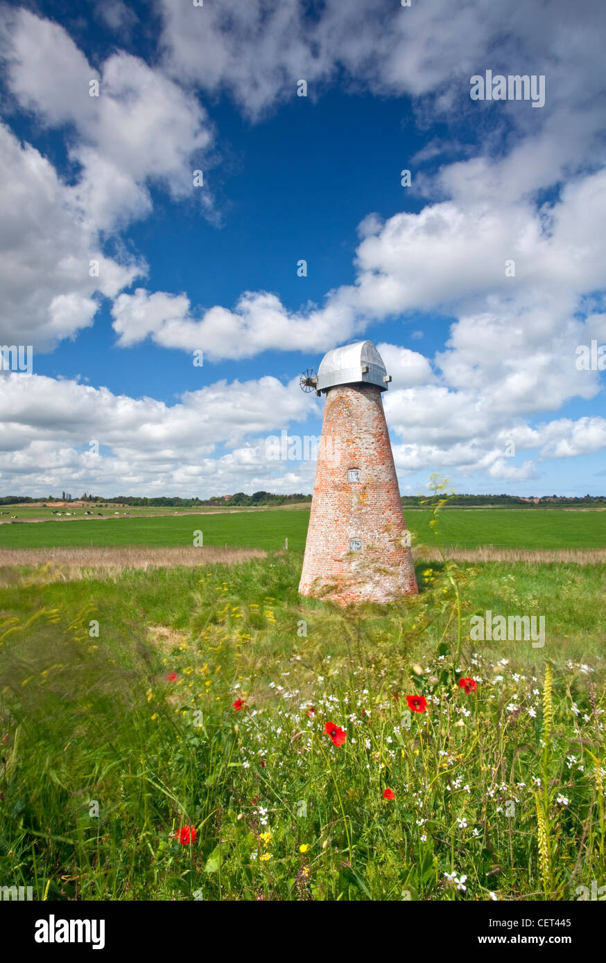 Derelict windmill by the River Blyth on the marshes at Walberswick. Stock Photo