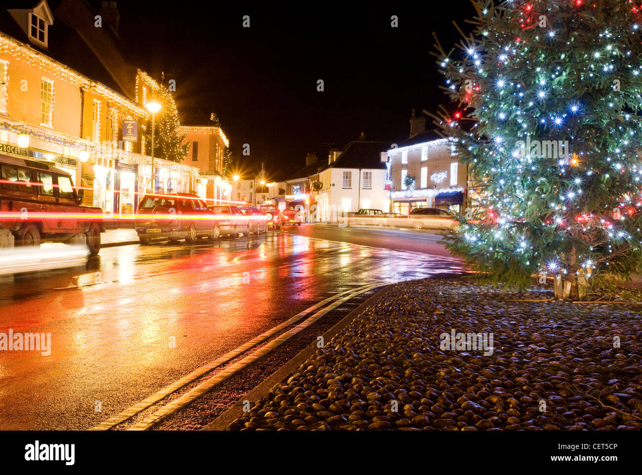 Light trails from cars passing through the market town of Holt