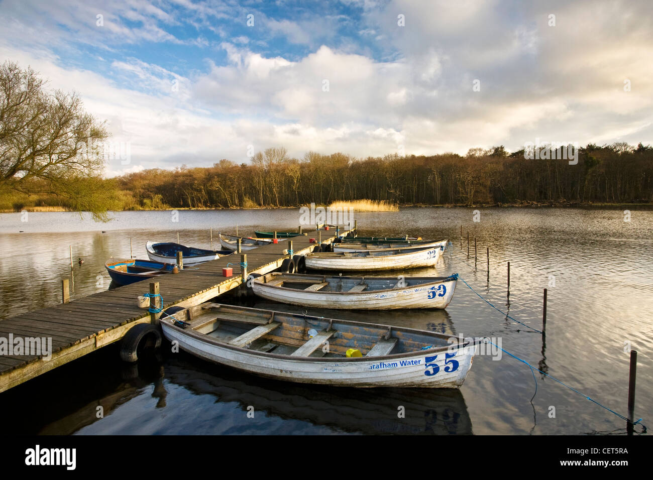 Rowing boats tied to a jetty on Ormesby Broad in the Broads National