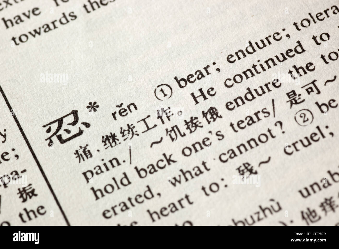 Endure written in Chinese in a ChineseEnglish translation dictionary