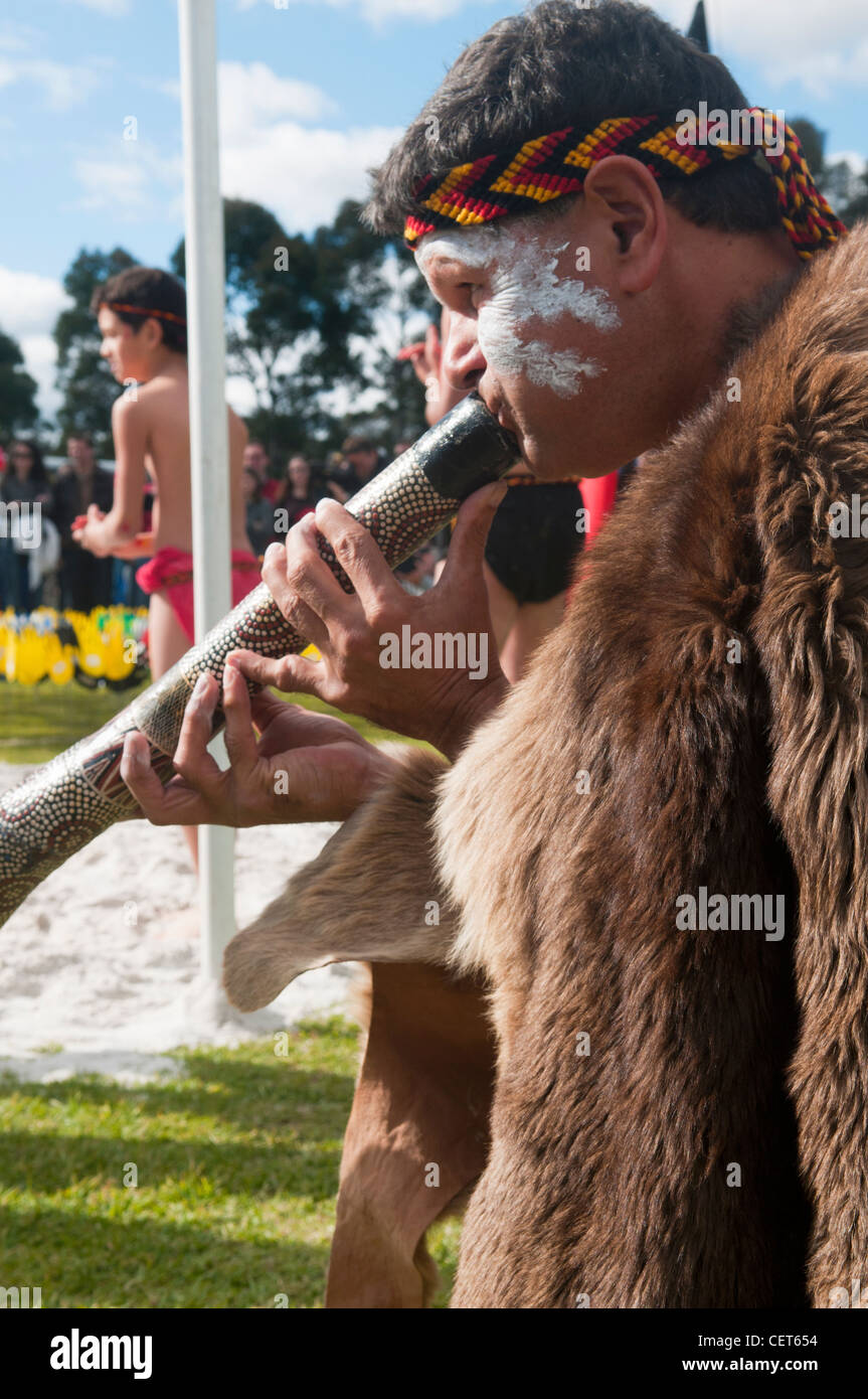 Noongar man and his didgeridoo in Perth, Australia Stock Photo