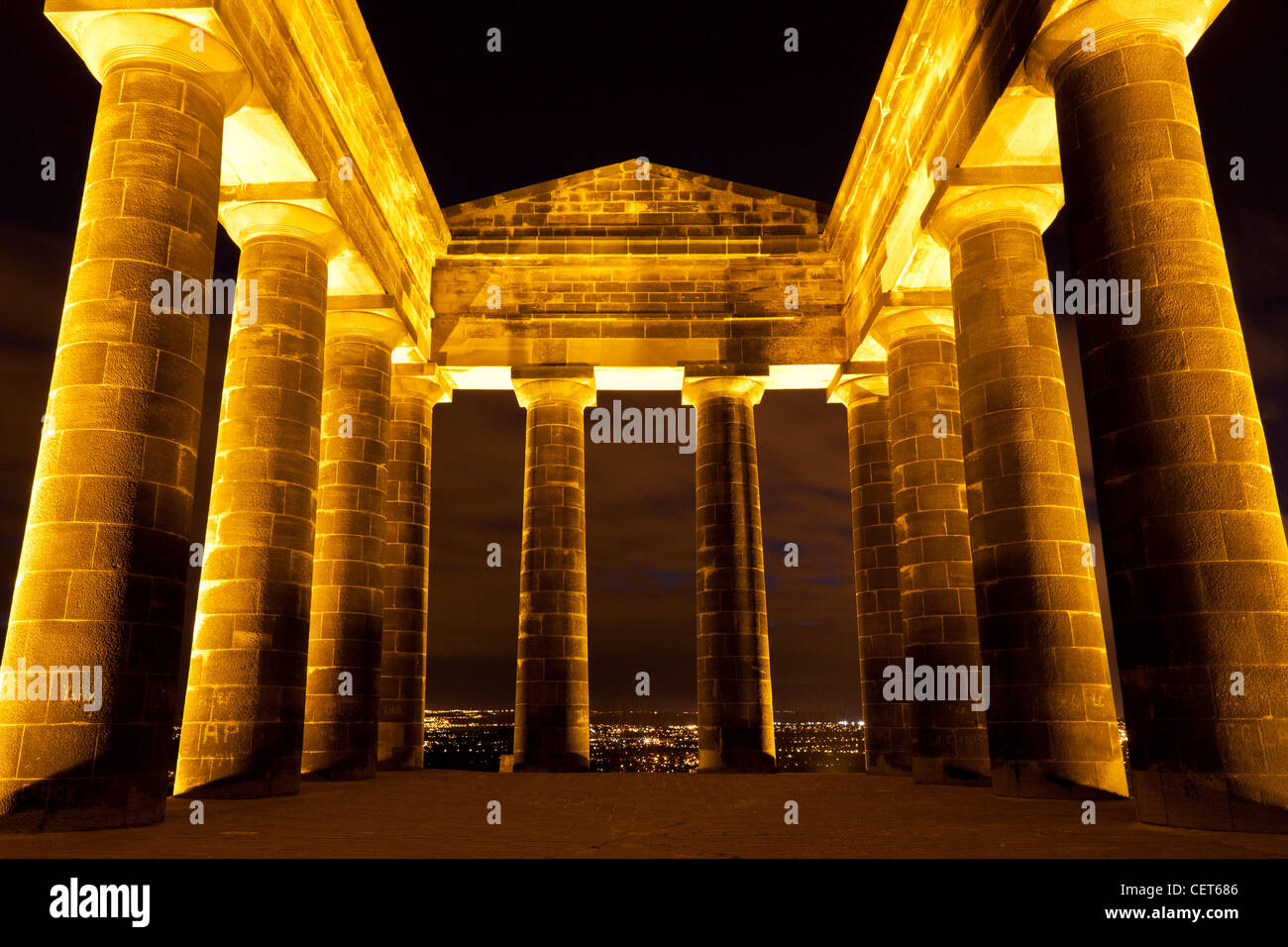 Night shot of Penshaw monument show wonderful rich colors of the stone pillars Stock Photo