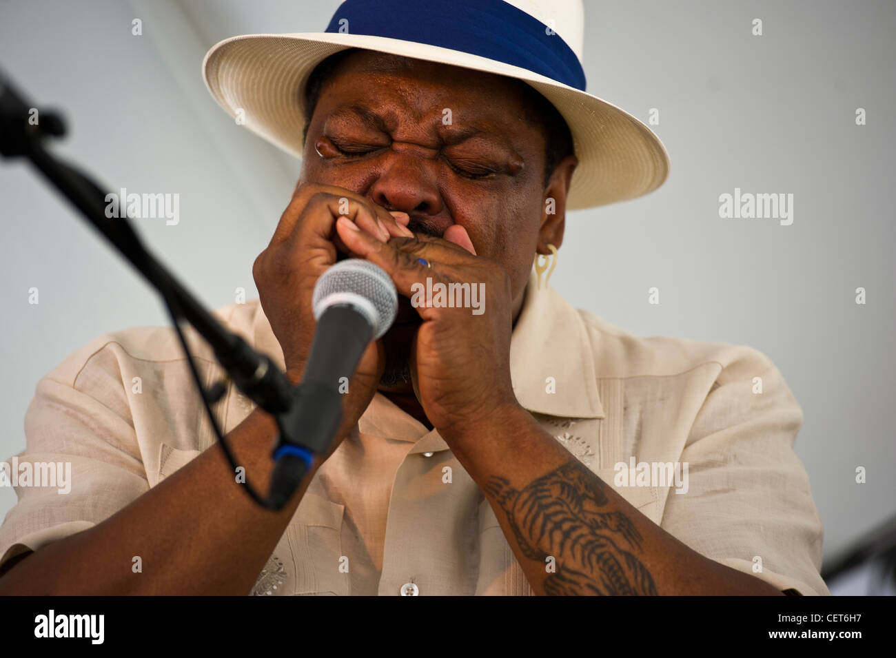 Man playing the harmonica in musical performance Stock Photo