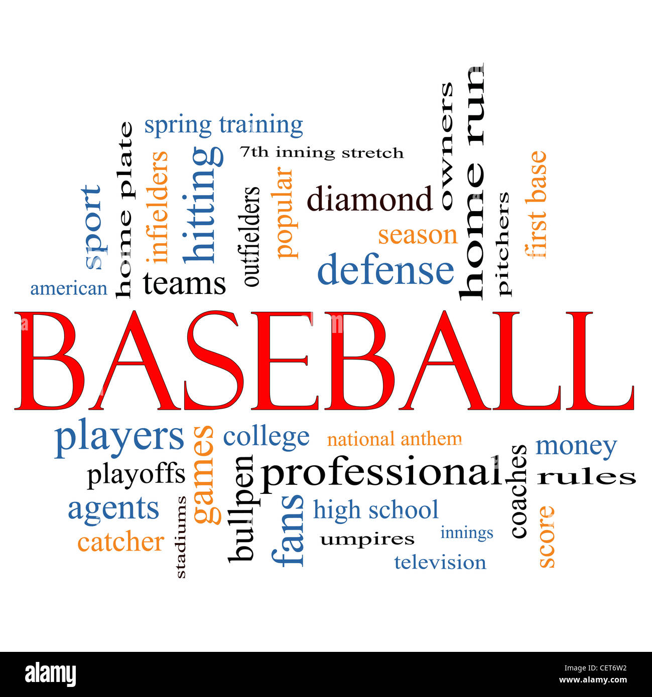 Baseball Word Cloud Concept with great terms such as coaches, innings, home run, pitchers, home plate, games and more. Stock Photo