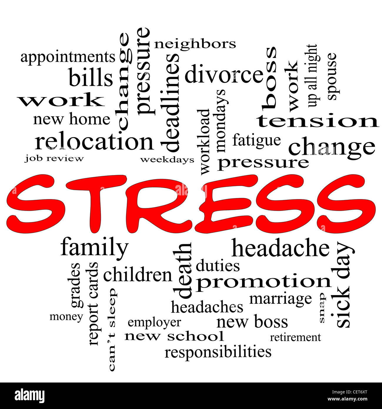 A word cloud concept in red caps around the word Stress with great terms such as pressure, deadlines, family, duties and more. Stock Photo