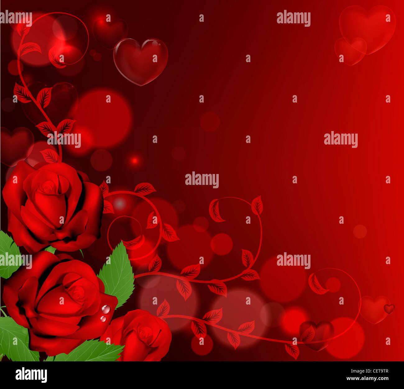 Red valentines day background with heart shaped bubbles and red roses ...