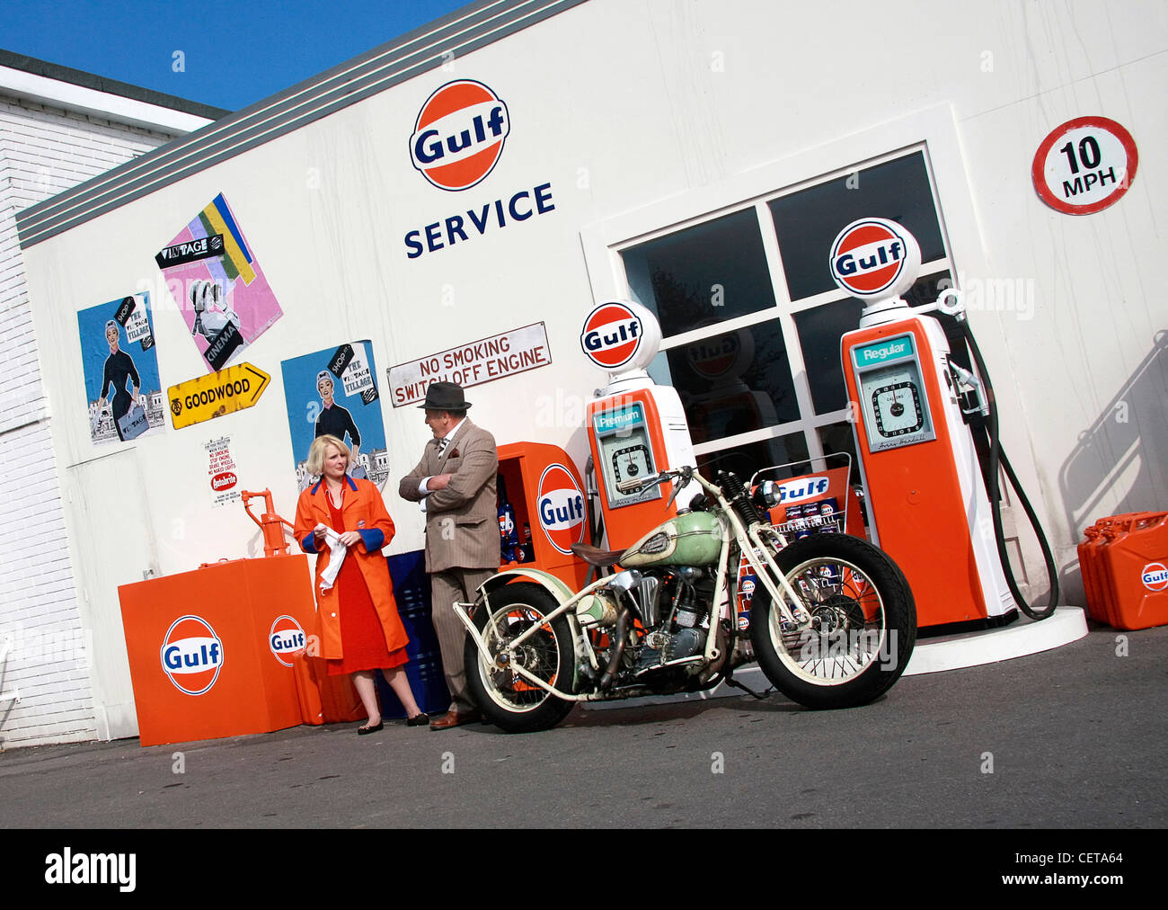 Retro Gulf gas station at Goodwood Revival. Stock Photo