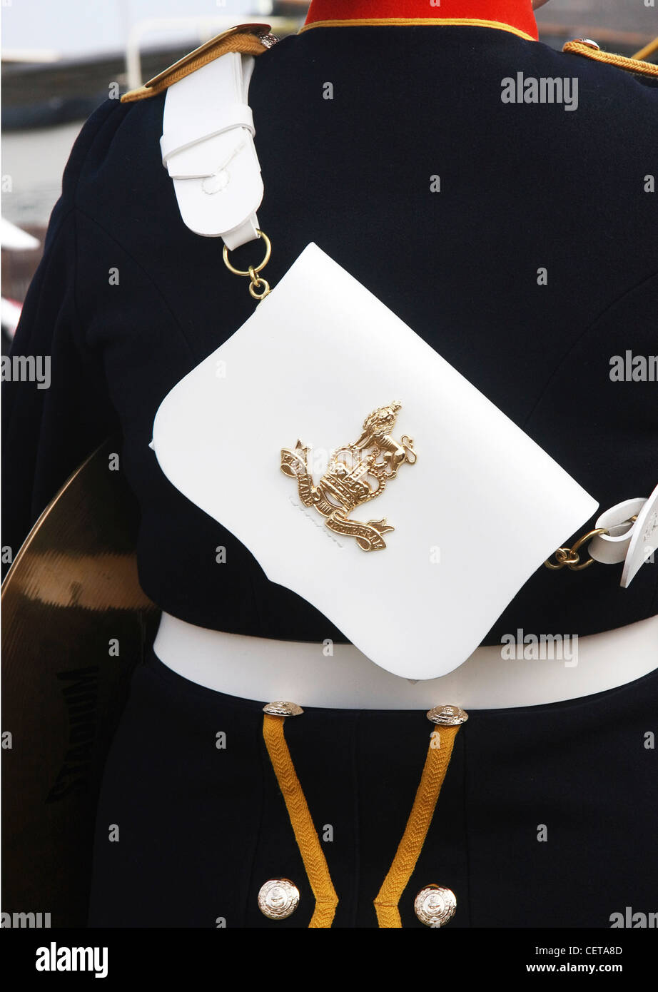 Back view of member of the Military Band with music bag at Goodwood Revival. Stock Photo